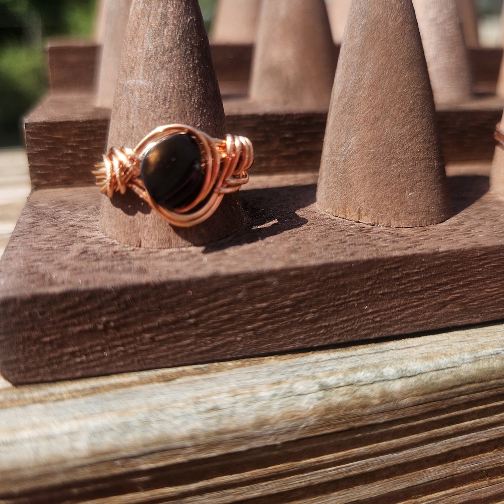 Elegant Snowflake Obsidian Copper Wire Wrapped Ring